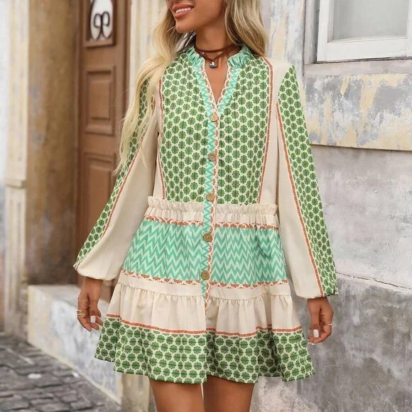 Green Boho Women's Floral Wavy Striped button down Lantern Sleeve mini dress - Picture 4 of 7